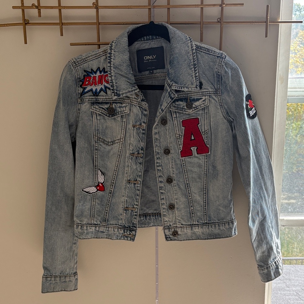 ONLY Kids Jean Jacket with Red Patches - Gray